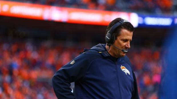 Denver Broncos quarterbacks coach Greg Knapp against the New England Patriots in the AFC Championship football game at Sports Authority Field at Mile High. The Broncos defeated the Patriots 20-18 to advance to the Super Bowl.
